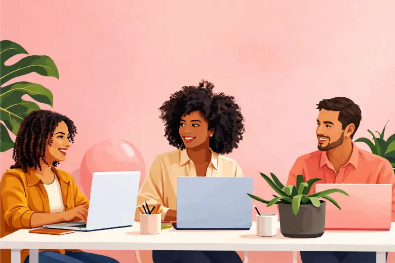 Two women sitting next to each other at a table with laptops, collaborating at work.
